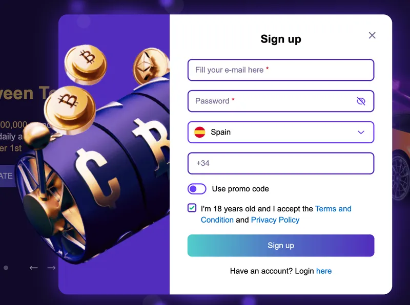 Регистрация казино Криптобосс